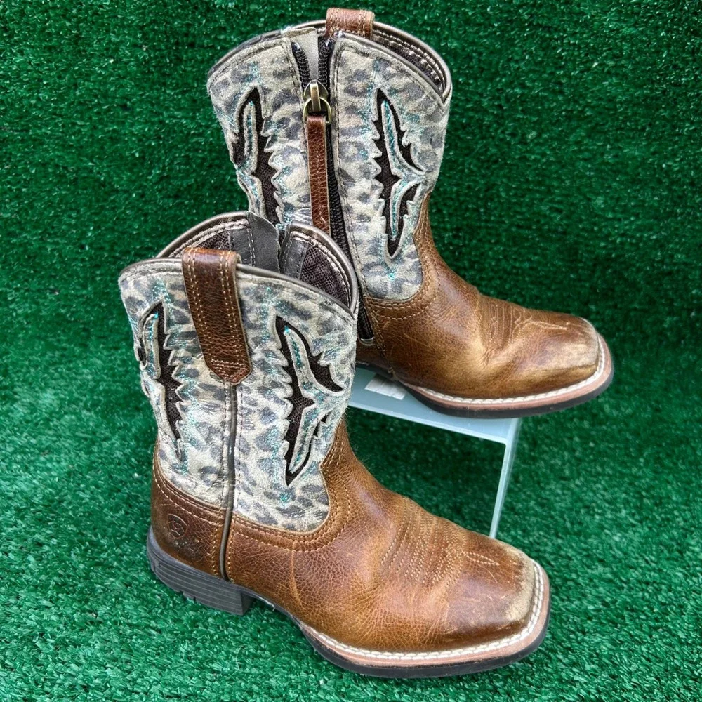 Ariat Kids Fatbaby Western‎ Boots Brown Leather Leopard Print 10040260 Size 9